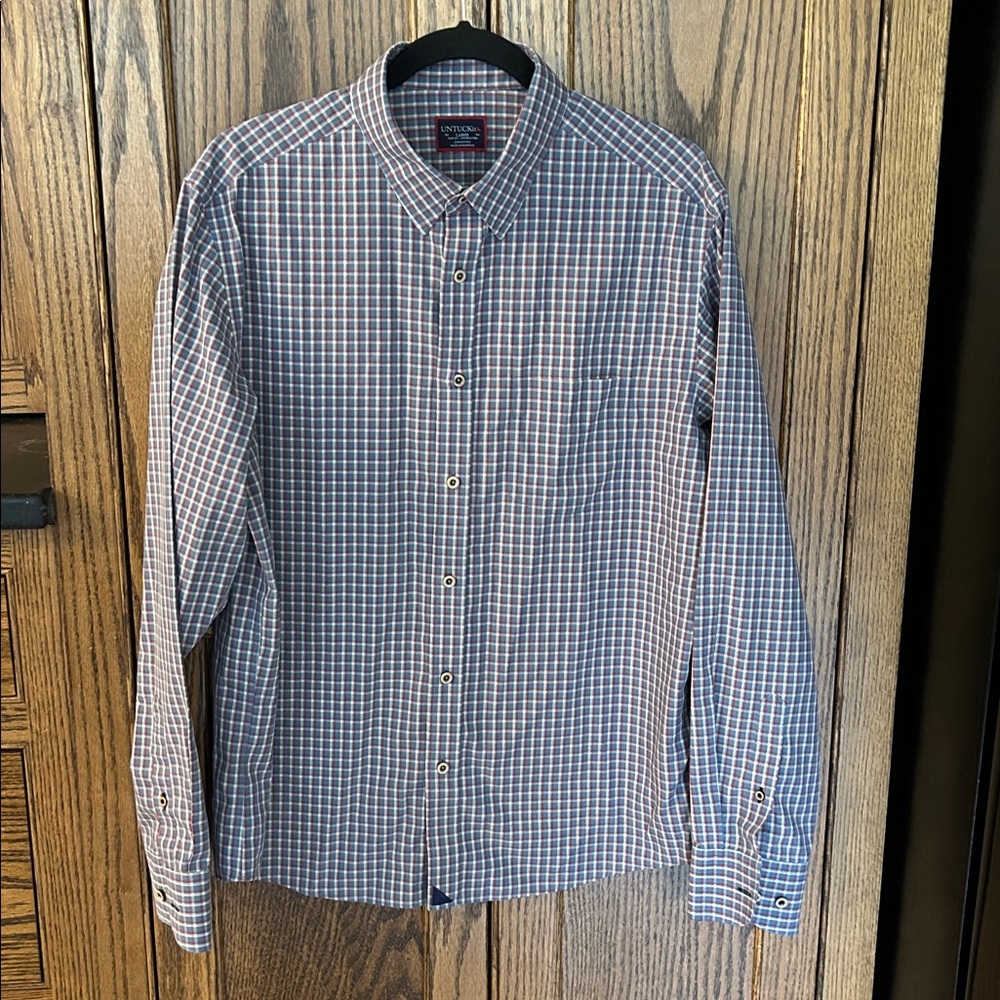 Untuckit Shirt Blue Red White Plaid Check Button Down Up Dress Office Mens Large - Picture 2 of 7